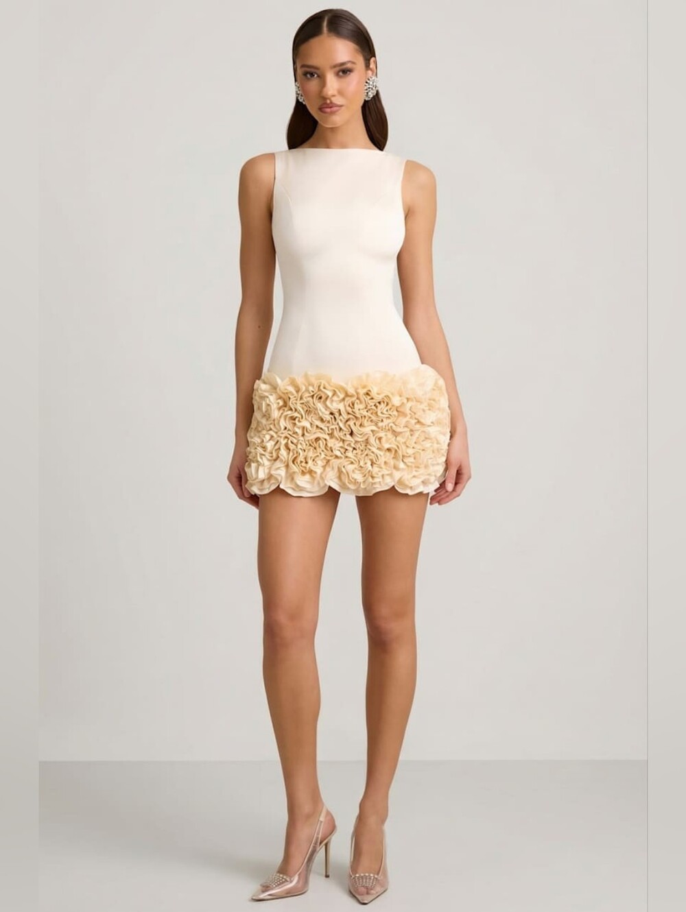 Oh Polly Florrie Satin Floral Appliqué Open-Back Mini Dress in Ivory